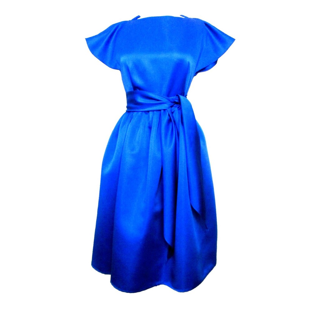 Vintage Giorgio Sant Angelo Wrap Dress Size 6 Women Blue Satin Pleated Skirt 80s